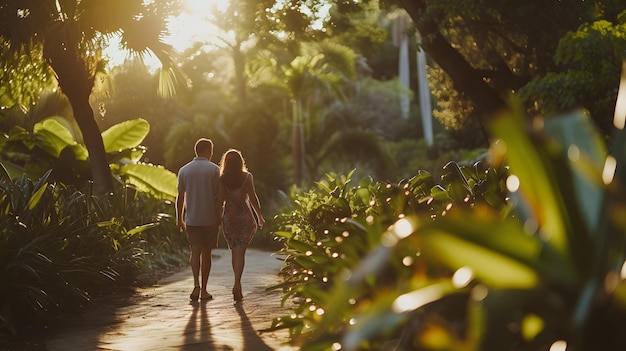 a couple walks down a path in the woods at sunset