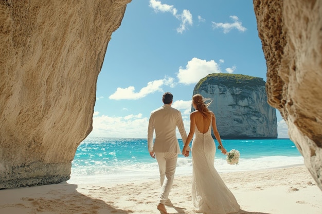 Photo a couple walks hand in hand on a pristine beach surrounded by stunning cliffs and the sparkling ocean the bright blue sky adds to the romance of their unforgettable honeymoon moment