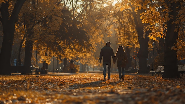 A couple walks handinhand down a pathway in the park as the sun sets behind the trees