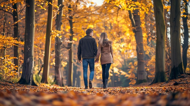 A couple walks handinhand through a forest path covered in autumn leaves