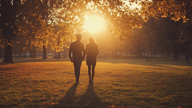 A couple walks handinhand through a park at sunset