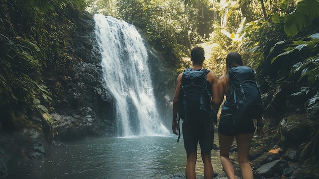 A couple walks towards a beautiful waterfall enjoying the peace of nature