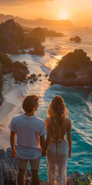 a couple watches the sunset on a beach