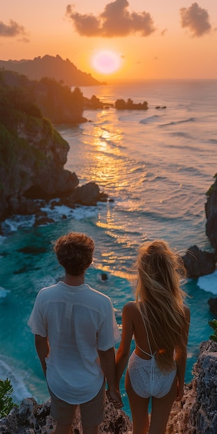 a couple watches the sunset from a cliff