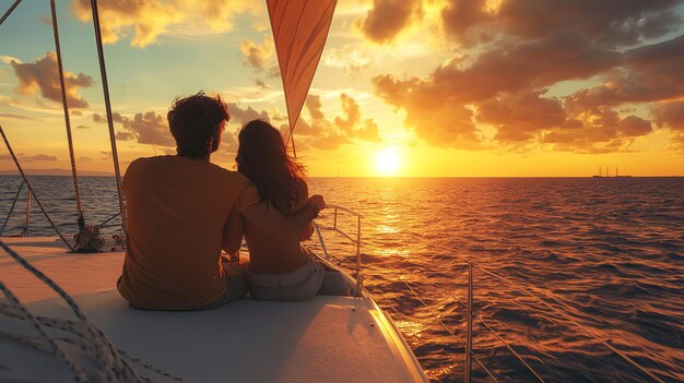 A couple watches the sunset from a sailboat