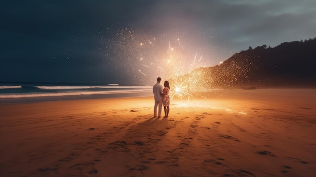 Couple watching fireworks Illustration AI GenerativexA