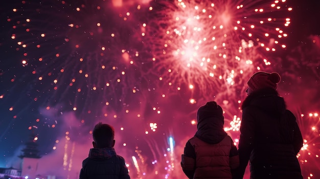 Photo a couple watching fireworks with a child watching them