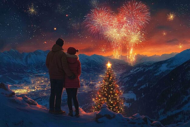 Photo a couple watching fireworks with a christmas tree in the background