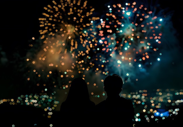 Photo a couple watching fireworks with fireworks in the background