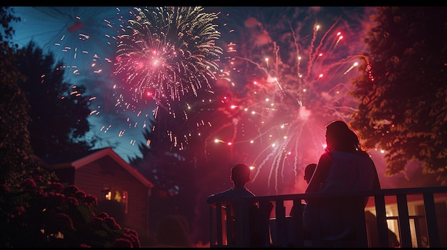 a couple watching fireworks with a house in the background