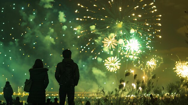 a couple watching fireworks with a man watching