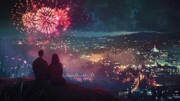 a couple watching fireworks with a view of the fireworks