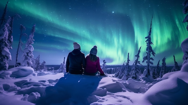 A couple watching the northern lights in a winter landscape couple northern lights winter landscape