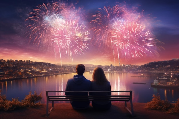 A couple watching a spectacular fireworks display 00064 00