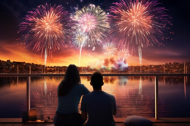 A couple watching a spectacular fireworks display 00067 01