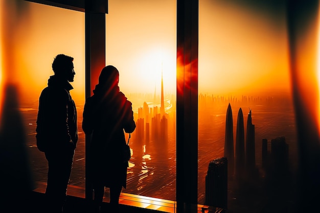 A couple watching the sunrise from the top of the Burj Khalifa