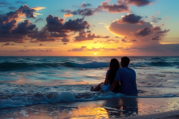 Photo couple watching sunset on beach shore