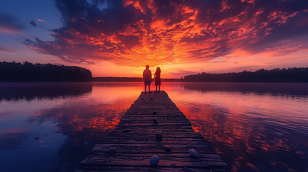 Photo couple watching sunset at the lake