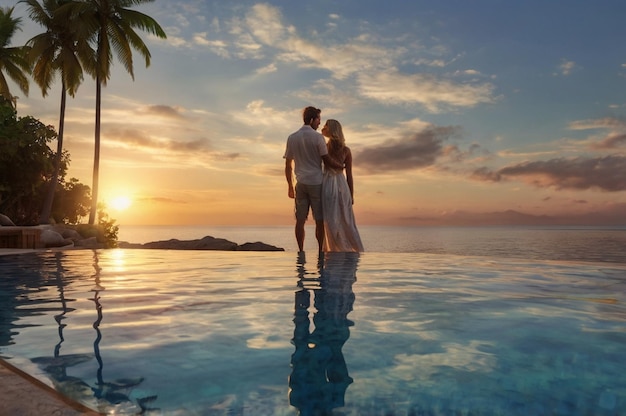 Photo couple in water at sunset with palm trees and sunset in the background