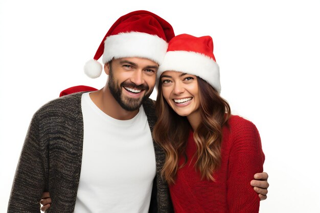 Photo couple wearing christmas hats happy face isolated on white background