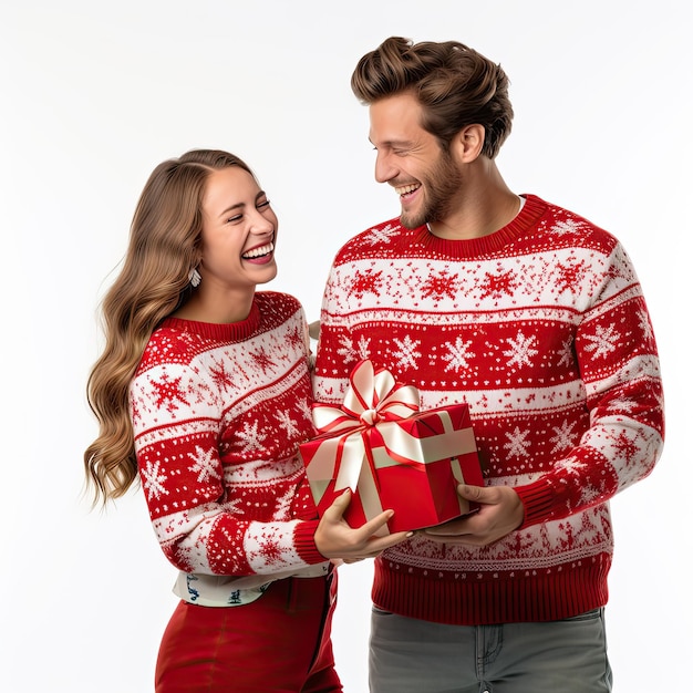 couple wearing Christmas sweater