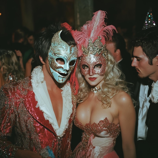 Photo couple wearing masquerade masks at a fancy party