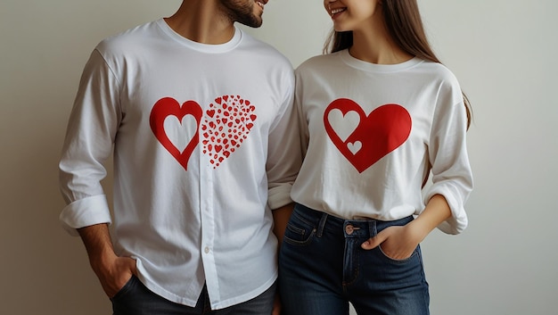 Photo a couple wearing white shirts with hearts on the front