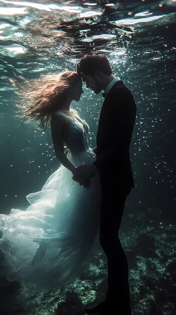 Photo a couple in wedding attire underwater holding hands and gazing into each other39s eyes