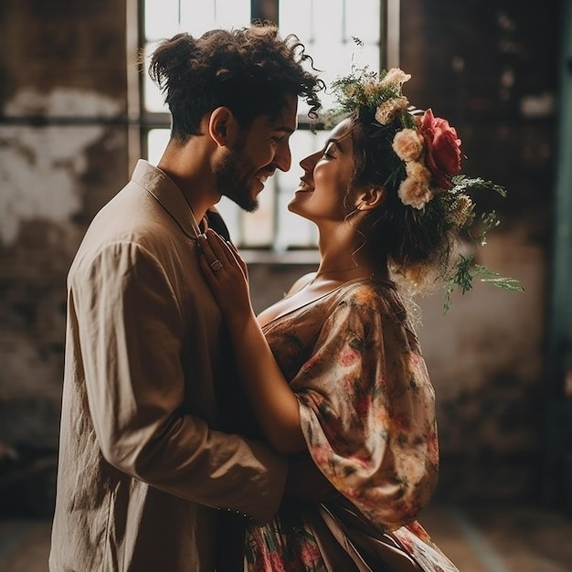 A couple in a wedding dress with a flower crown on their head