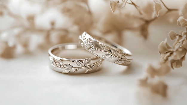 a couple of wedding rings with a white flower in the middle