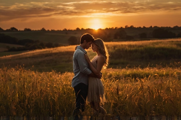 a couple in a wheat field with the sun setting behind them