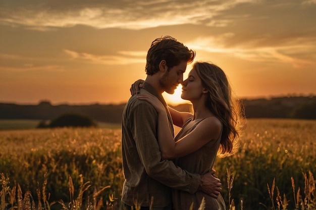 a couple in a wheat field with the sun behind them