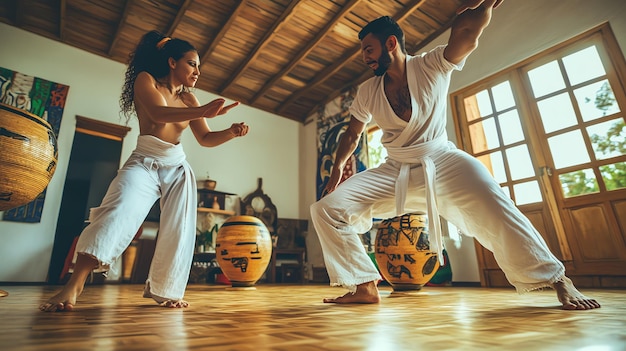 Couple in white clothes practicing martial arts indoors