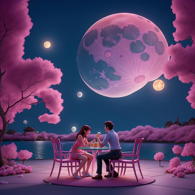 A couple who are dating sitting on a pink glowing chairs with tables