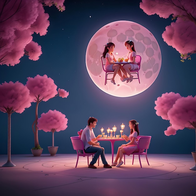 A couple who are dating sitting on a pink glowing chairs with tables