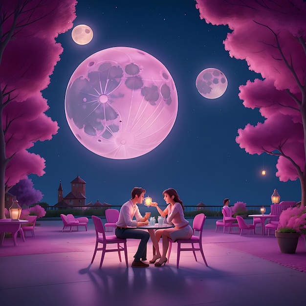 A couple who are dating sitting on a pink glowing chairs with tables