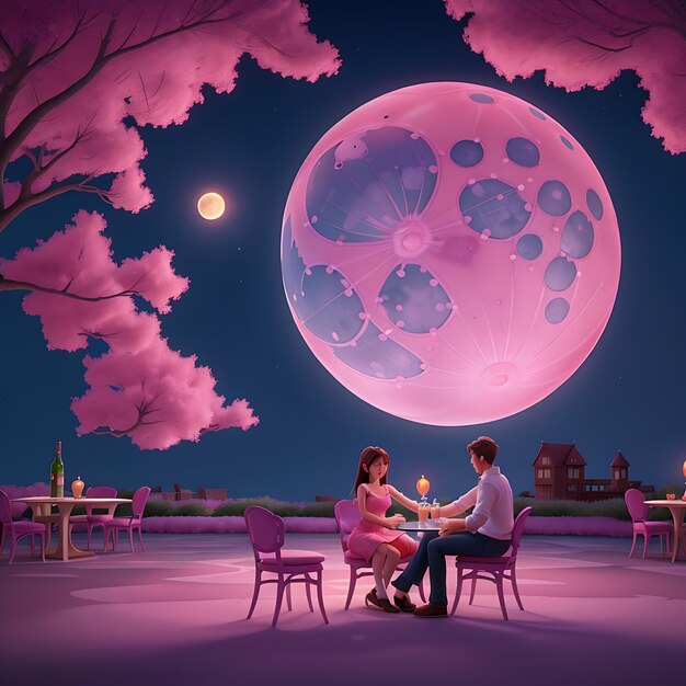 A couple who are dating sitting on a pink glowing chairs with tables