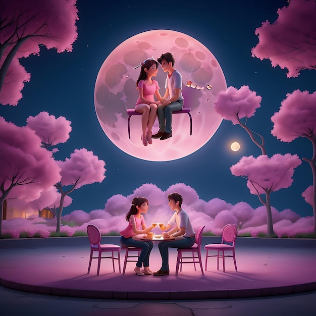 Photo a couple who are dating sitting on a pink glowing chairs with tables