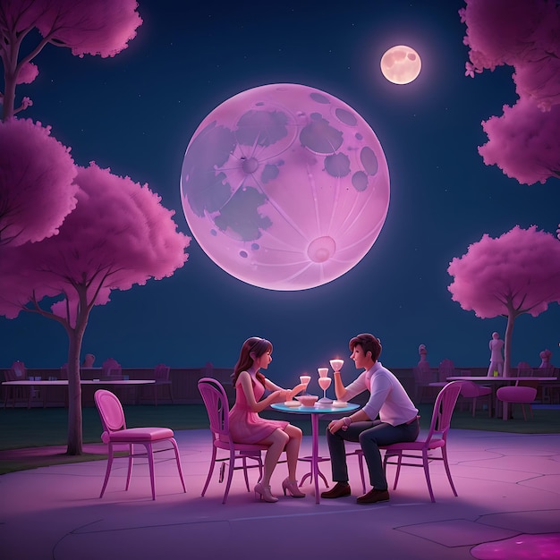 A couple who are dating sitting on a pink glowing chairs with tables