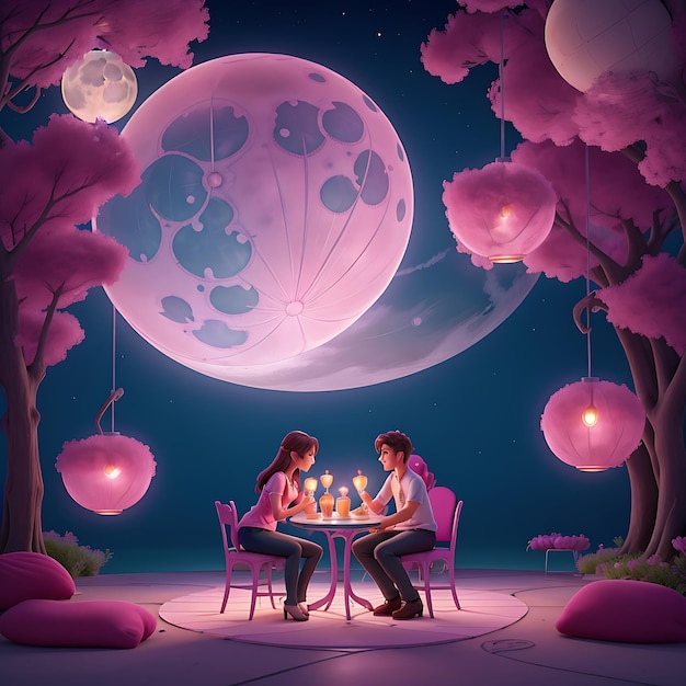 A couple who are dating sitting on a pink glowing chairs with tables