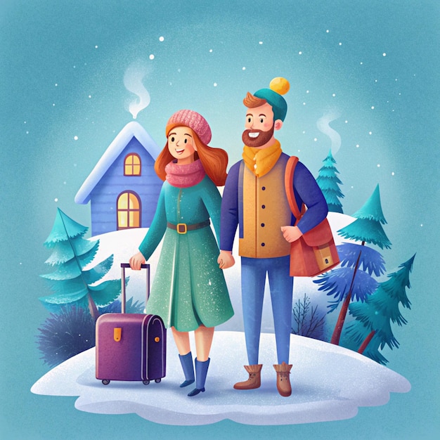 Photo a couple in winter clothes stand in front of a house with a man and a suitcase