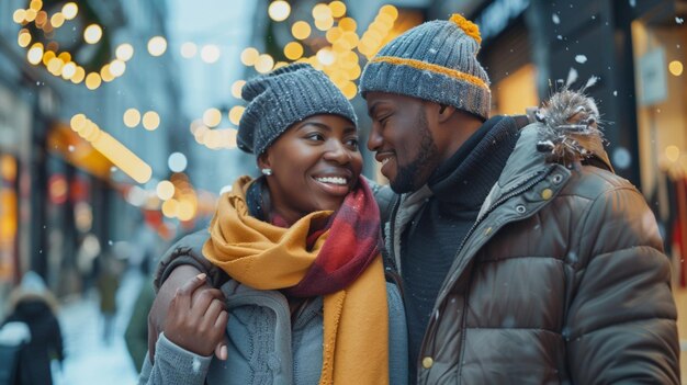 a couple in winter coats are smiling and smiling