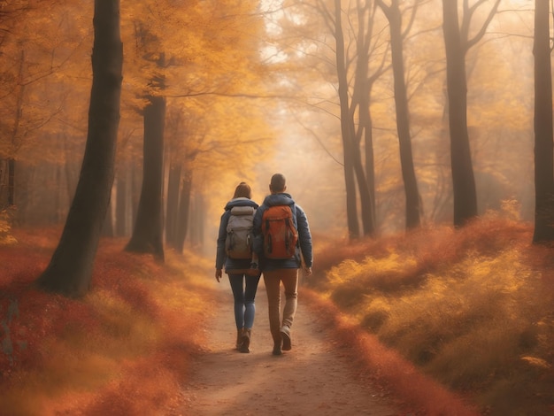 Couple with backpacks walking on path in autumn season forest