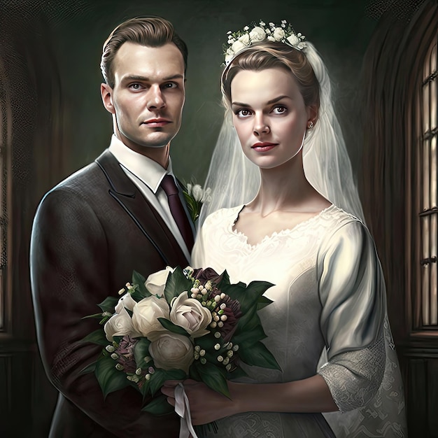 A couple with a bouquet tied by marriage Holiday social unit formal costume style nonexistent person gray background relationship high resolution art generative artificial intelligence