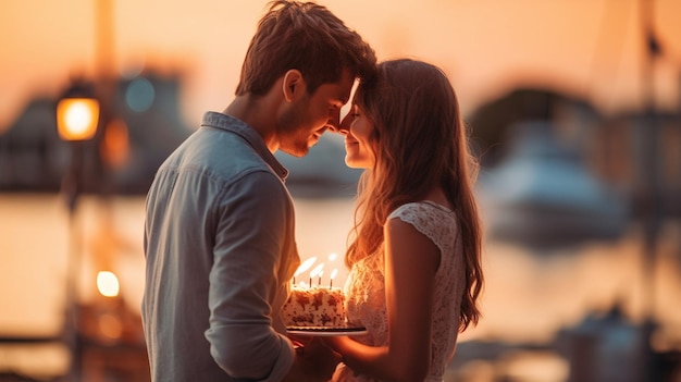 A couple with a cake and candles on their faces