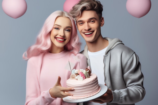 A couple with a cake and a pink balloon with the word birthday on it