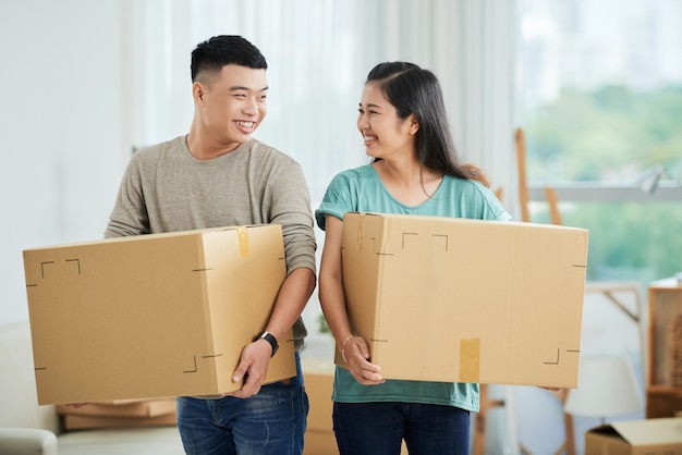 Couple with cardboard boxes