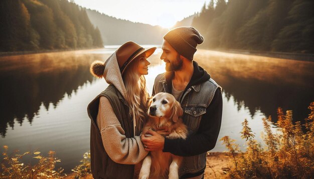 Photo a couple with a dog in the forest