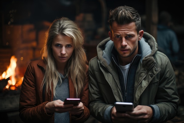 Couple with infidelity problem fighting about cheating having smartphone with text generative IA