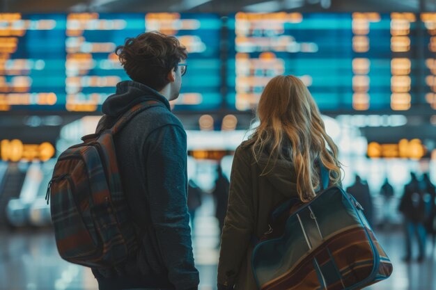 Couple With Luggage Standing Before Departure Board at Sunset in Airport Terminal